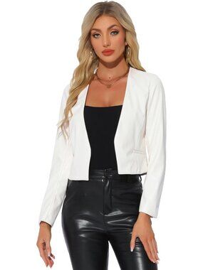 Women White Leather Cropped Collarless Open Front Short Moto Biker Bomber Jacket